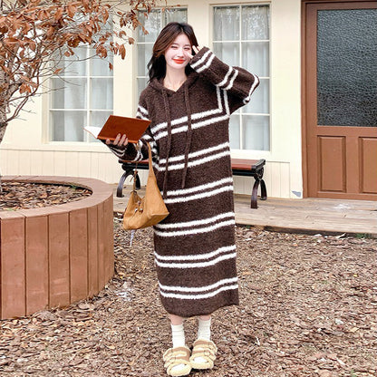 【ワンピース】ボーダー ニットパーカーワンピース レディース 韓国風 学院スタイル ミディ丈 大人可愛い【JZシリーズ】