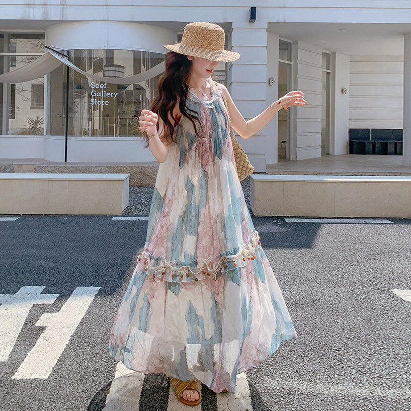 【ワンピース】花柄 ホルターネック ロング丈 ノースリーブワンピース 細見え 体型カバー 上品 リゾート 海外旅行 ビーチコーデ【SHシリーズ】