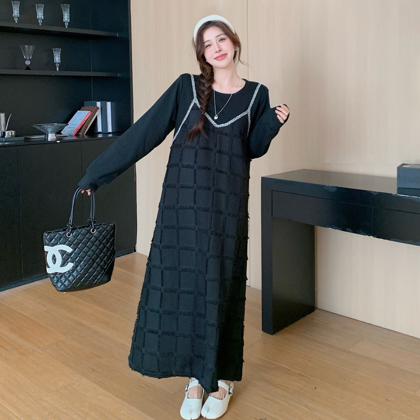 【ワンピース】大きいサイズレイヤードワンピース レディース 長袖 キャミワンピース スリット入り 秋コーデ【JZシリーズ】