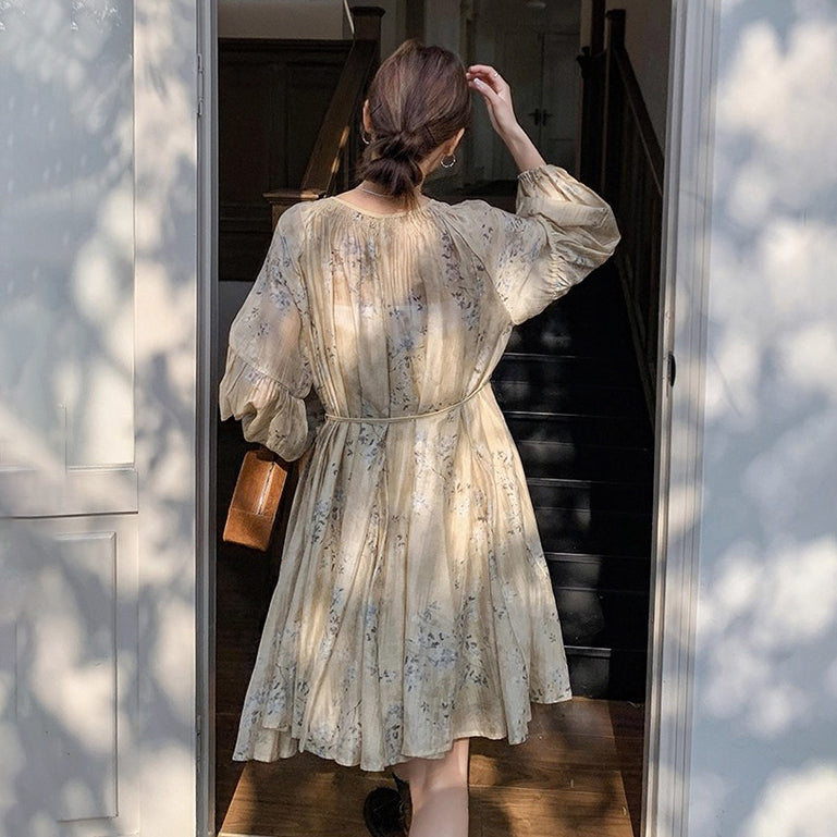 【ワンピース】ぼかし花柄ウエストマーク 長袖ワンピース レディース 春秋  リゾート風 フレンチ 【SHシリーズ】