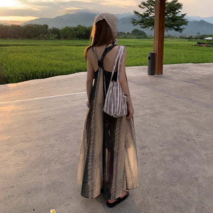 【ワンピース】アートプリント × デザイン感のある 夏用ノースリーブ Vネック タンクトップ風ロングワンピース【SHシリーズ】