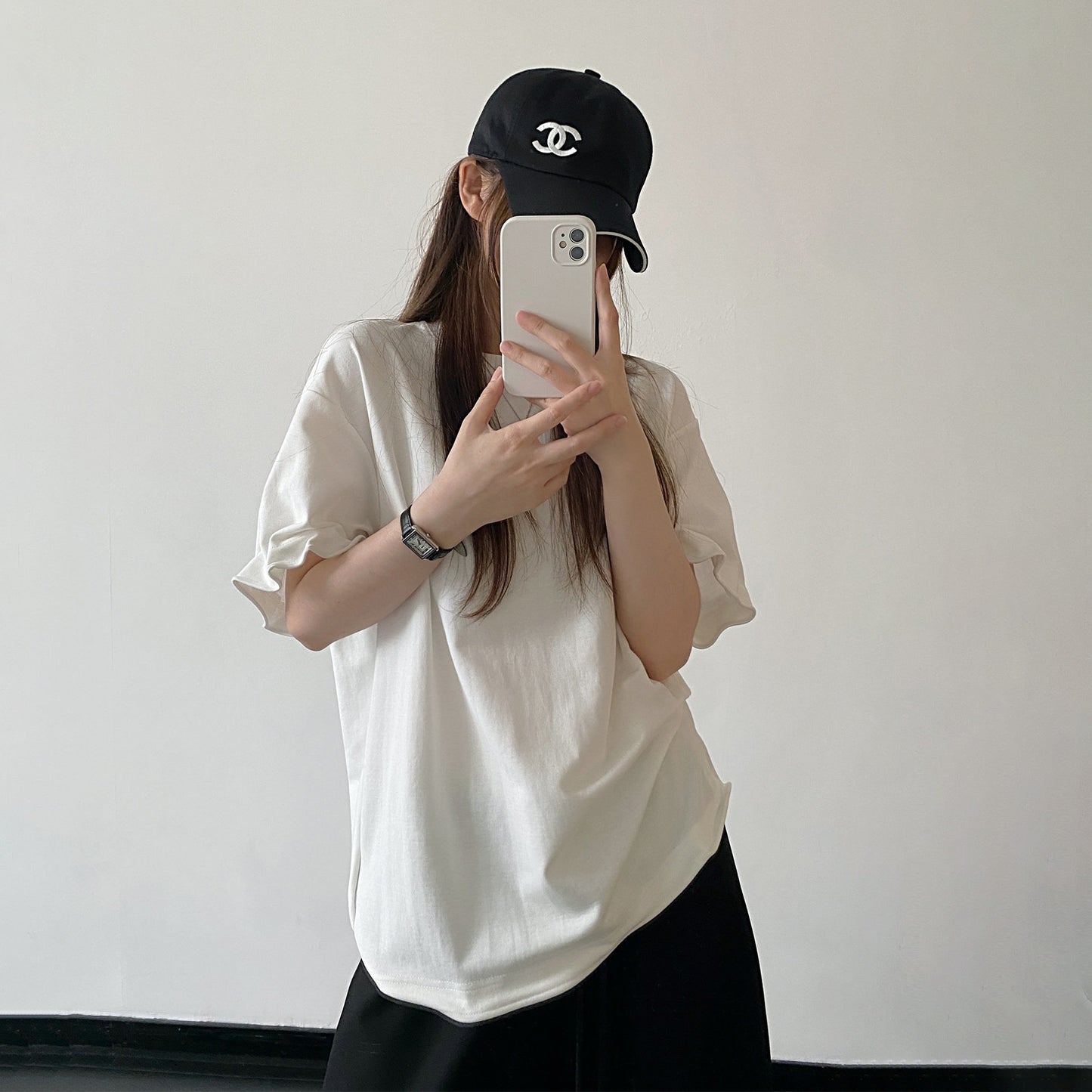 【トップス】ホワイト ニットデザイン 半袖Tシャツ ゆったりシルエット 着痩せ シンプル カジュアル トップス【FCシリーズ】