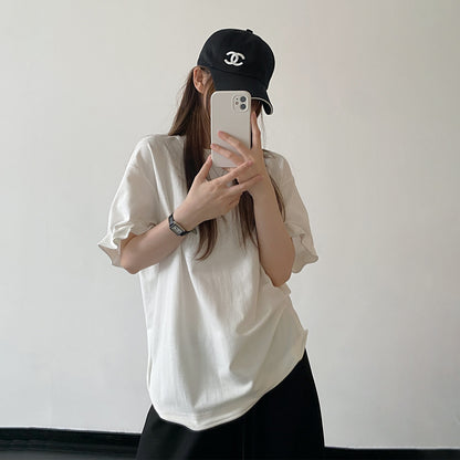 【トップス】ホワイト ニットデザイン 半袖Tシャツ ゆったりシルエット 着痩せ シンプル カジュアル トップス【FCシリーズ】