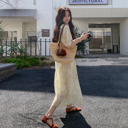 【ワンピース】韓国風 ニュアンス柄ワンピース レディース バカンスコーデ デザイン性 フェミニン きれいめロングワンピース【SHシリーズ】