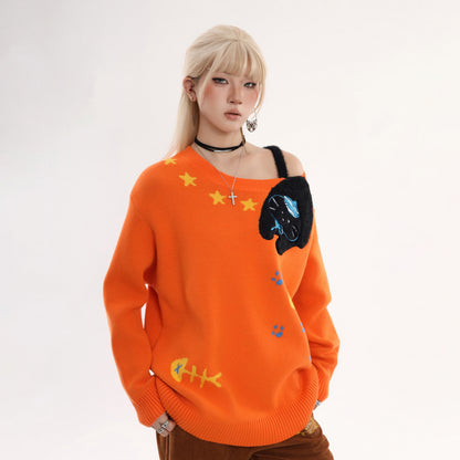 【トップス】アメリカンカジュアル 猫刺繍 オフショルダーニット 秋冬 オレンジ ゆったり レイジー感 セーター【FCシリーズ】