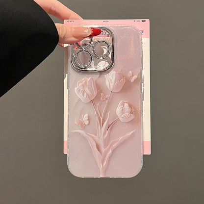 【グッズ】iPhone 16 Pro Max / 15 Pro / 14 PM / 13 / 12 / 11 PM 用 春新作 淡いピンク クリームカラー チューリップ 全面保護 レンズカバー付き 高級感 小众 レディース ストラップ付き