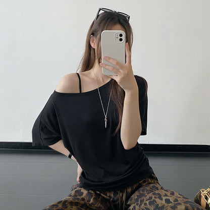 【トップス】Tシャツ レディース 2WAY オフショルダー クルーネック 半袖 レイヤード風 ウエストマーク ゆったり【FCシリーズ】【10～15日内発送】