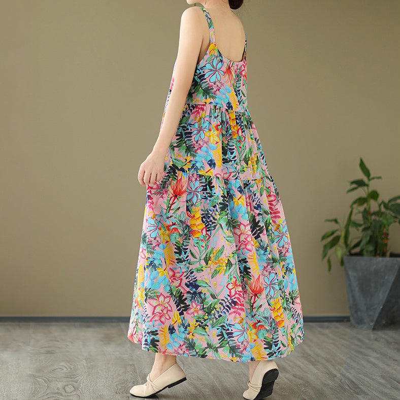 【ワンピース】森ガール風 綿麻花柄キャミソールワンピース 軽やかで涼しい薄手素材 ノースリーブワンピース【SHシリーズ】