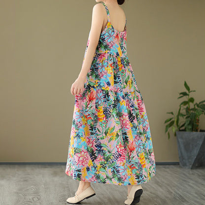 【ワンピース】森ガール風 綿麻花柄キャミソールワンピース 軽やかで涼しい薄手素材 ノースリーブワンピース【SHシリーズ】