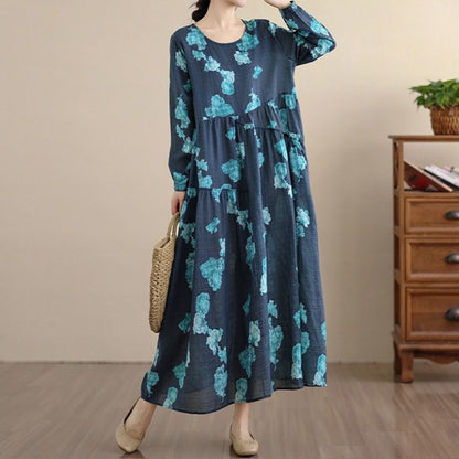 【ワンピース】レトロ 花柄プリント 長袖 ロング Aライン ゆったり 裾フレア ワンピース【SHシリーズ】