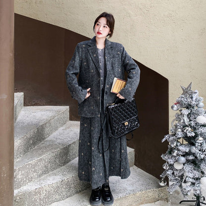 【セットアップ】刺繍入り ウール風 ブレンド ダウンジャケット＆スカート 上下セット 秋冬 ダウンコート【SHシリーズ】【10～15日内発送】