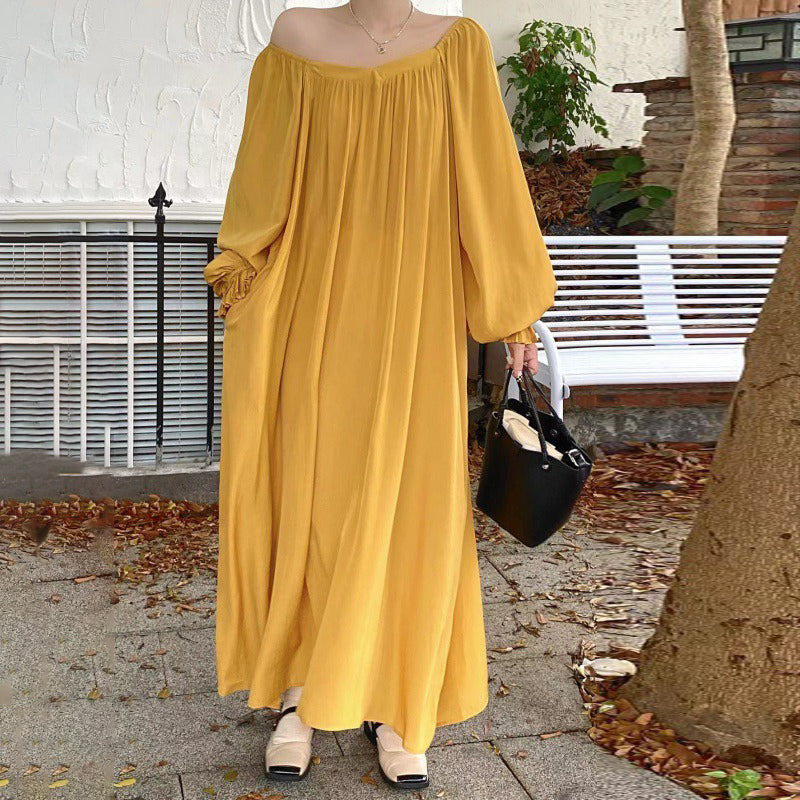 【ワンピース】夏春秋 全7色 韓国風オフショルダー ゆったり シルエットでスリムに見える 長袖ワンピース
