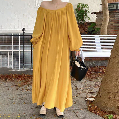 【ワンピース】夏春秋 全7色 韓国風オフショルダー ゆったり シルエットでスリムに見える 長袖ワンピース
