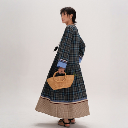 【ワンピース】レトロチェック柄 ナチュラル文芸風 クルーネック 長袖 ワンピース 【JZシリーズ】