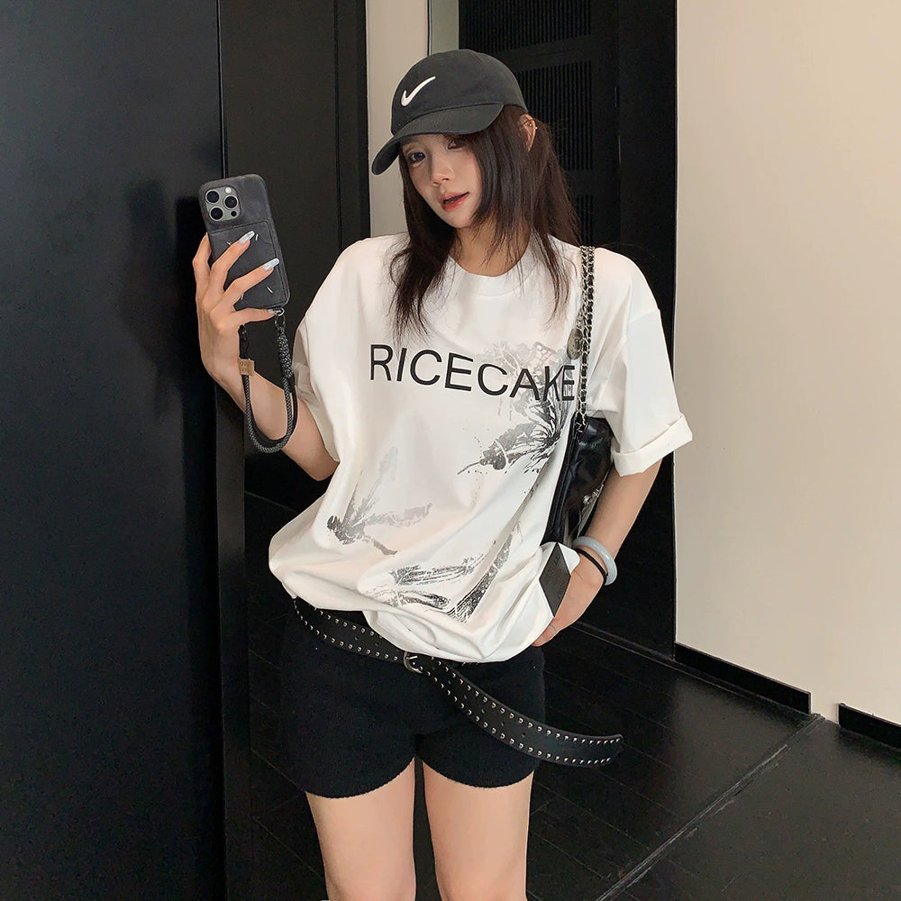 【トップス】Tシャツ レディース コットン100% プリントデザイン オーバーサイズ クルーネック 半袖 カジュアル【FCシリーズ】