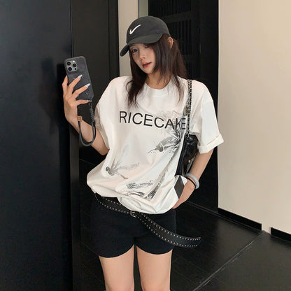 【トップス】Tシャツ レディース コットン100% プリントデザイン オーバーサイズ クルーネック 半袖 カジュアル【FCシリーズ】