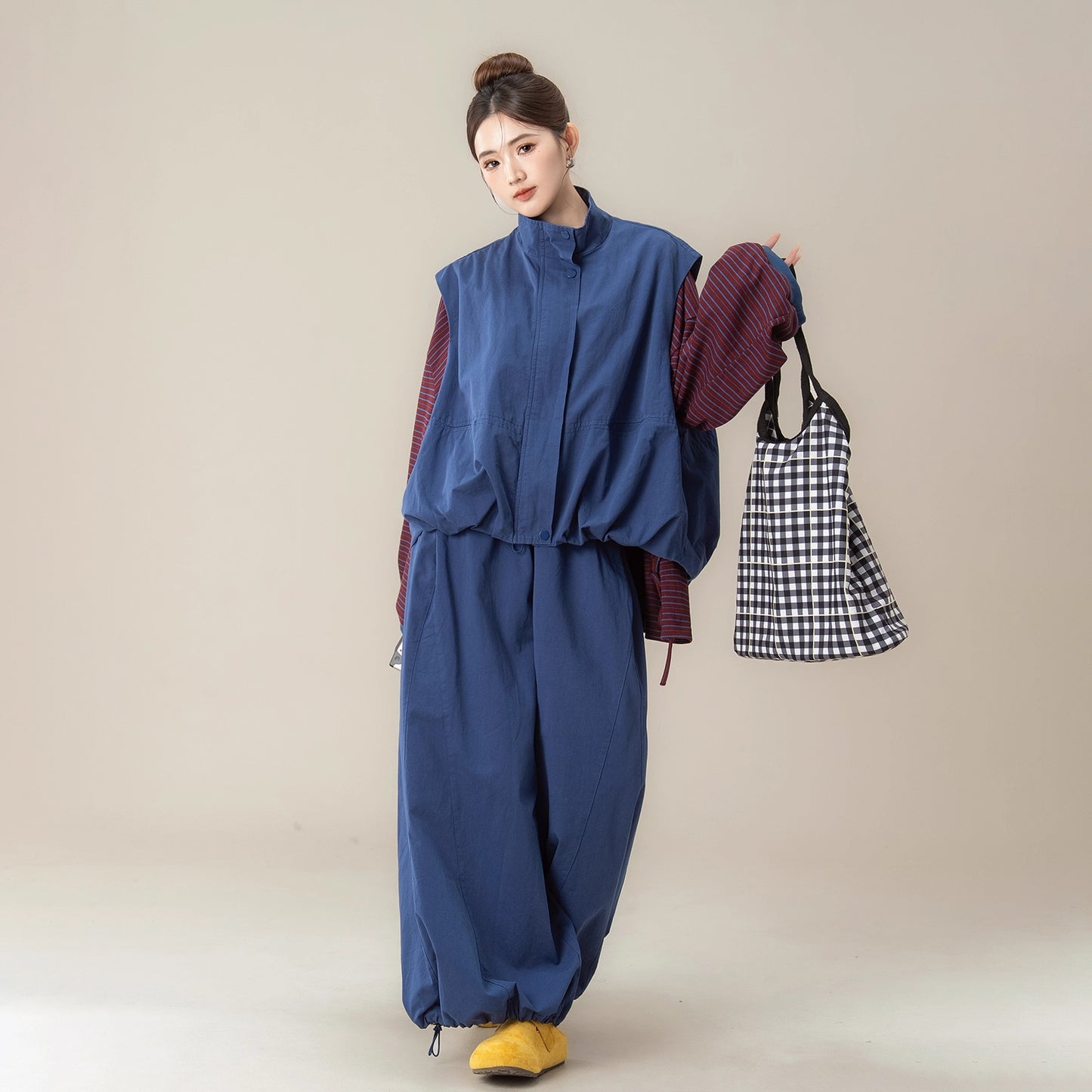 【単品注文】【セットアップ】秋新作 ゆったり ストライプTシャツ＋ベスト＋ワイドパンツ 上下セット 体型カバー お洒落【JZシリーズ】