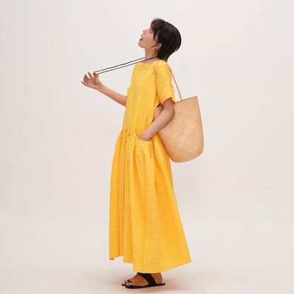 【ワンピース】【15～20日内発送】夏新作 スクエアネック ゆったり半袖ワンピース 薄手ロングドレス 着痩せ効果＆万能コーデ【JZシリーズ】