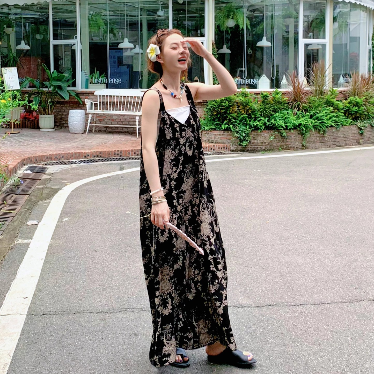 【ボトムス】夏新作 チャイナ風 ゆったりカジュアル ルーズ感たっぷり Vネックキャミオールインワン【SHシリーズ】