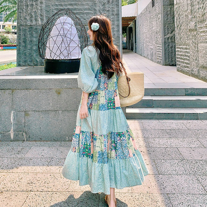 【ワンピース】森ガール風 ロマンチックグリーン切り替え 大裾Vネック 半袖ワンピース【SHシリーズ】