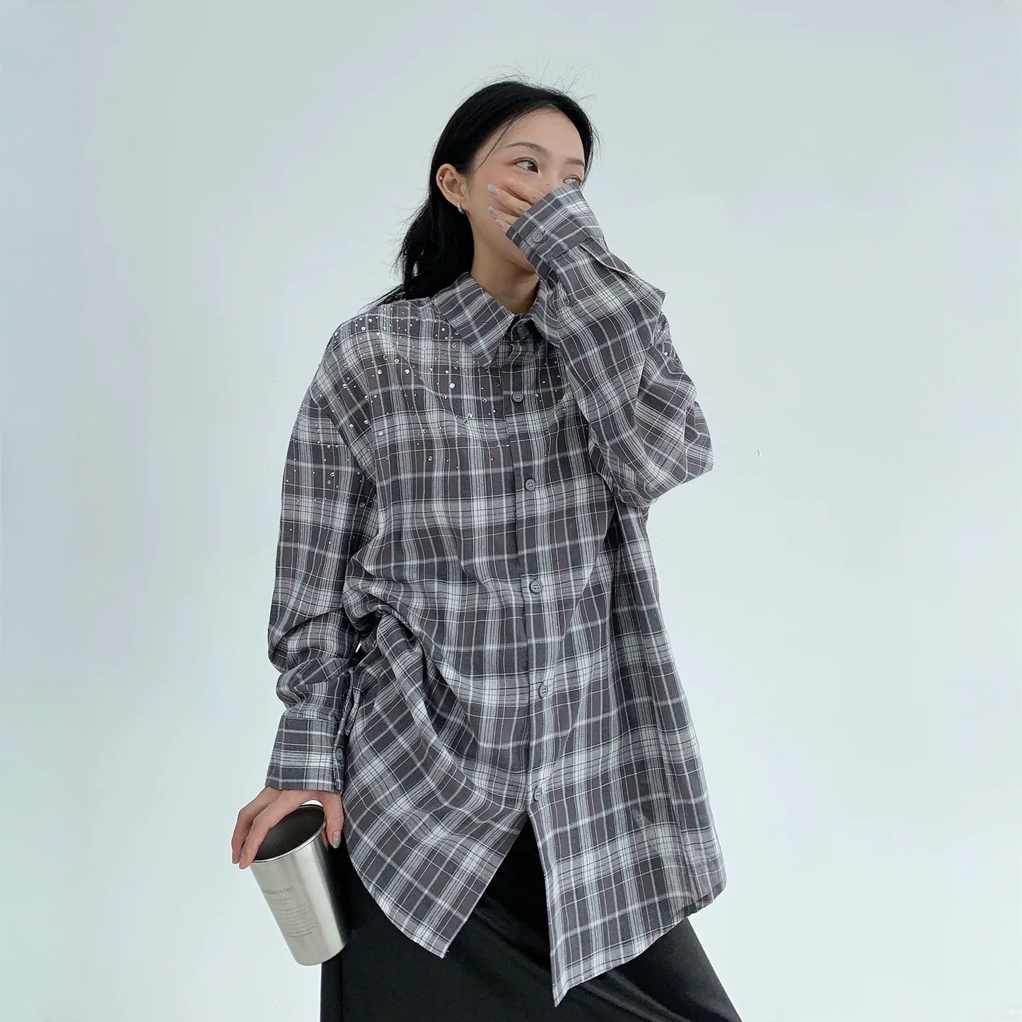 【トップス】春 秋 冬 レトロ ラインストーン チェック 長袖シャツ  【FCシリーズ】