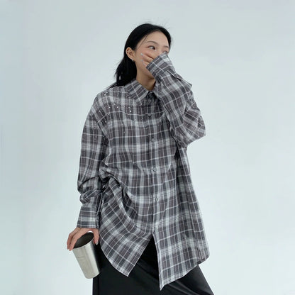 【トップス】春 秋 冬 レトロ ラインストーン チェック 長袖シャツ  【FCシリーズ】