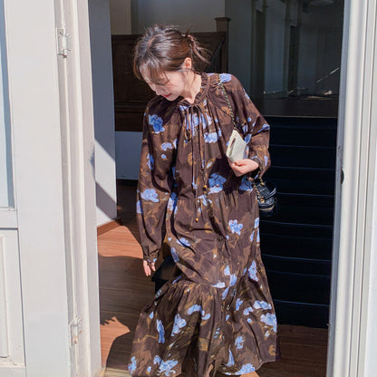 【ワンピース】ヴィンテージ風 フリルカラー 花柄 長袖ワンピース 2026春新作 小柄向け ロング丈【SHシリーズ】