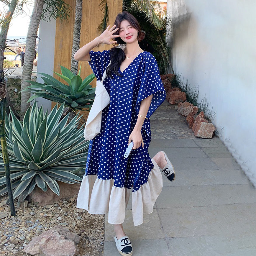 【ワンピース】高級感 ドット柄 シフォン 半袖ワンピース 超人気 おしゃれでリラックス感たっぷり リゾートロングドレス【SHシリーズ】