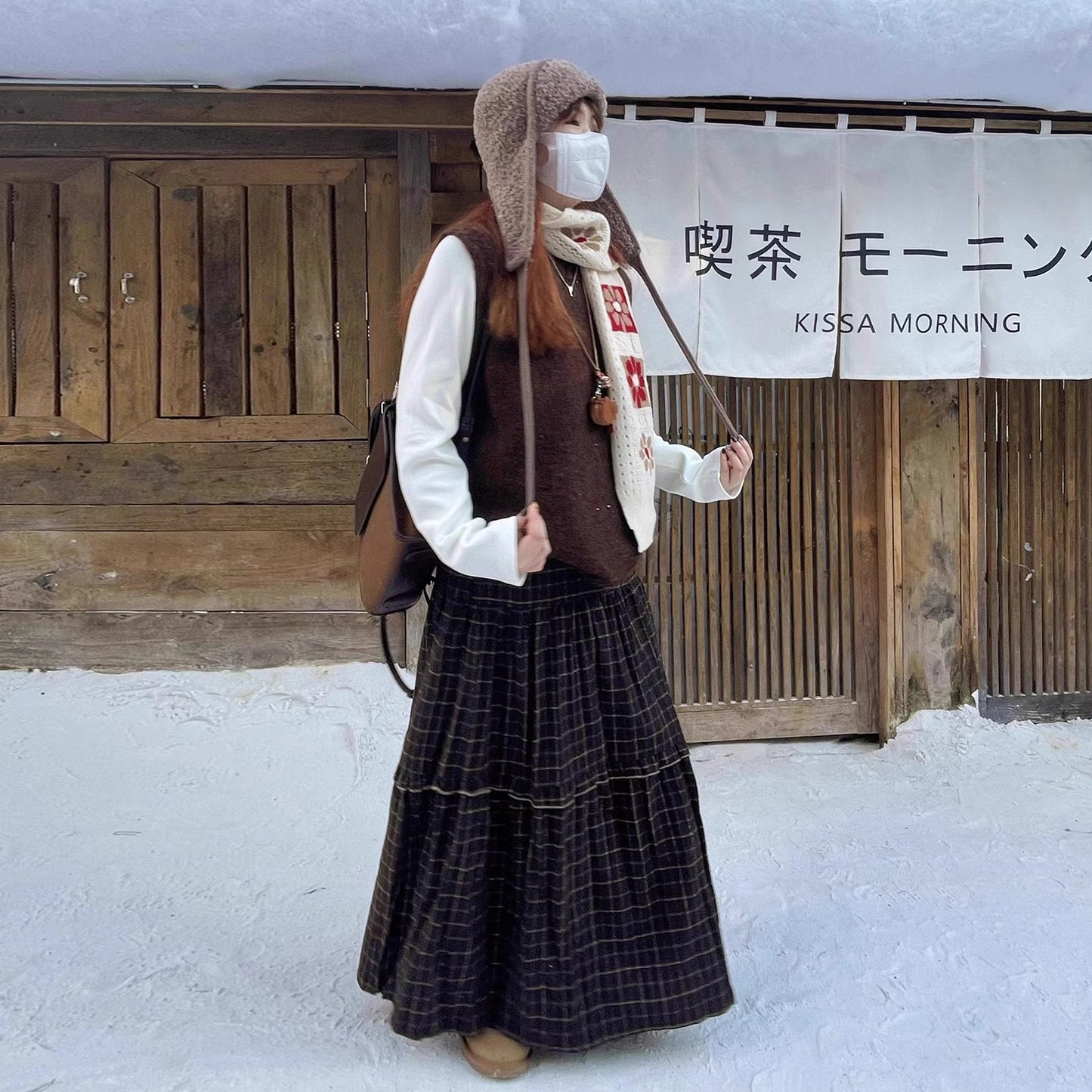 【ボトムス】チェック柄 フレアロングスカート 裏起毛 秋冬 新作 レトロ 細見え【SHシリーズ】
