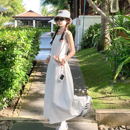 【ワンピース】シンプル ホワイト ノースリーブワンピース 夏 レディース ウエストマーク キャミソールワンピース【JZシリーズ】