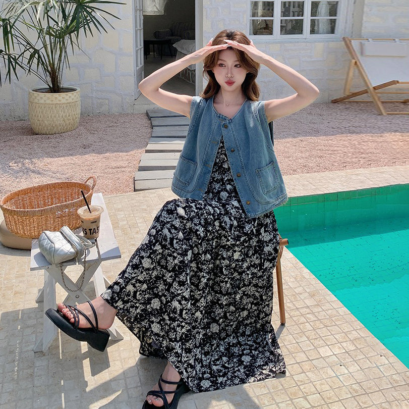 2点セット！【セットアップ】爽やか塩系コーデ◎デニムベスト＋花柄ノースリーブワンピースセット 韓国風リゾートスタイル【SHシリーズ】