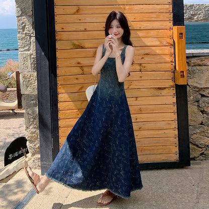 【ワンピース】デニム風プリント ノースリーブワンピース 体型カバー＆美シルエットが叶う大人可愛い一枚【SHシリーズ】