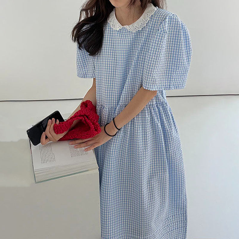 【ワンピース】韓国風 ガーリー チェック柄ワンピース レディース レース襟 パフ袖 体型カバー 大人可愛い 夏ワンピ【JZシリーズ】