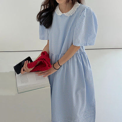 【ワンピース】韓国風 ガーリー チェック柄ワンピース レディース レース襟 パフ袖 体型カバー 大人可愛い 夏ワンピ【JZシリーズ】