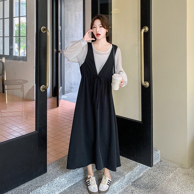 【ワンピース】フレンチレイヤード風ワンピース レディース 長袖 ウエストシェイプ デザイン性 大人可愛い 秋コーデ【JZシリーズ】