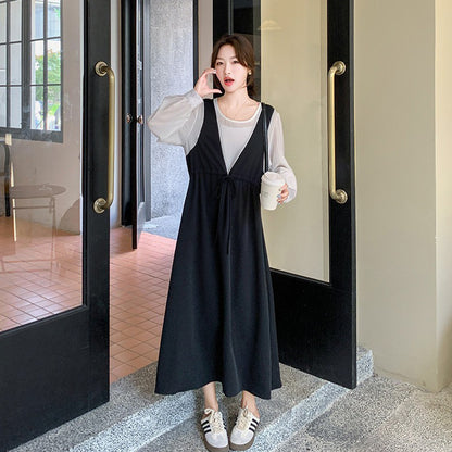 【ワンピース】フレンチレイヤード風ワンピース レディース 長袖 ウエストシェイプ デザイン性 大人可愛い 秋コーデ【JZシリーズ】