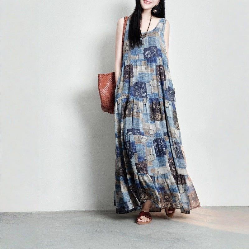 【ワンピース】コットンリネン 抽象柄プリント ゆったりした ノースリーブワンピース 【SHシリーズ】