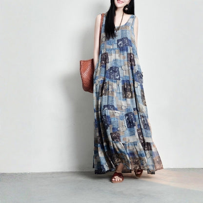 【ワンピース】コットンリネン 抽象柄プリント ゆったりした ノースリーブワンピース 【SHシリーズ】