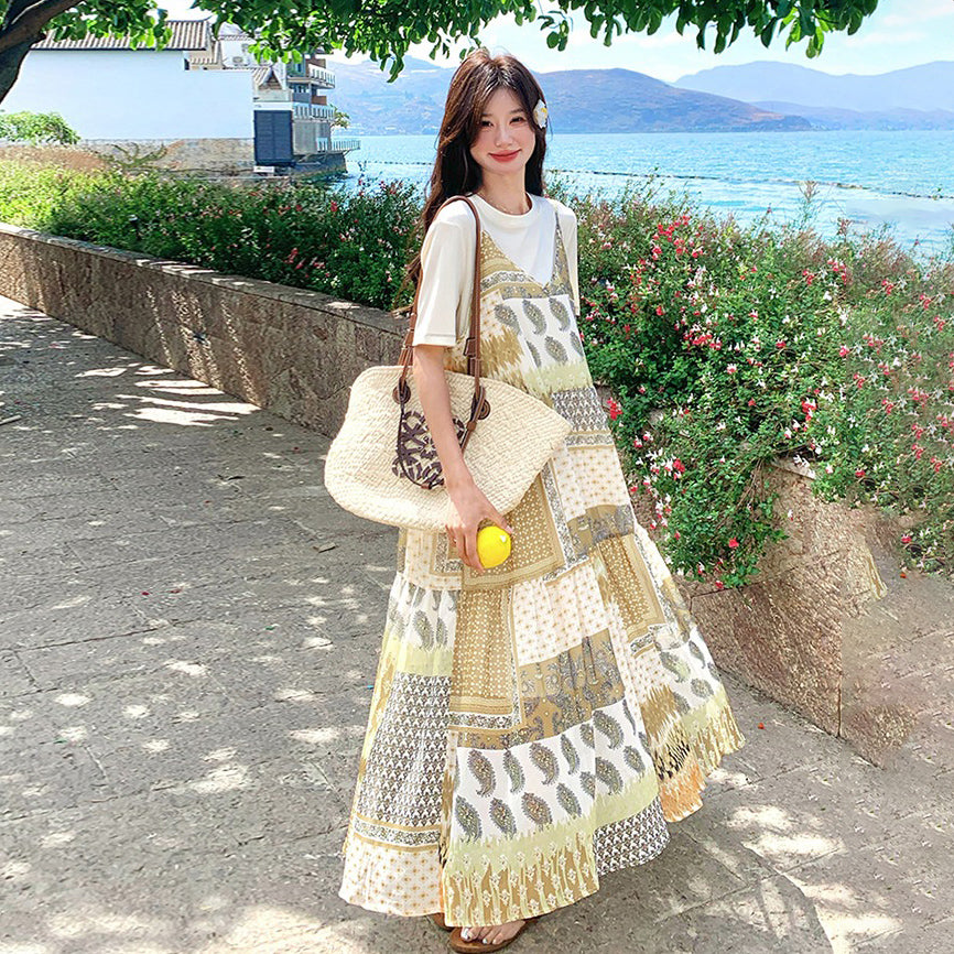 2点セット！【セットアップ】優しげリゾート風 夏新作 Tシャツ＋花柄 ノースリーブワンピースセット【SHシリーズ】