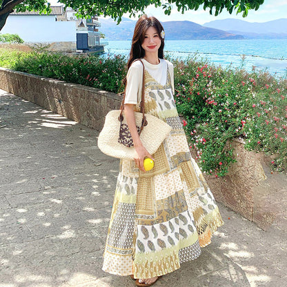 2点セット！【セットアップ】優しげリゾート風 夏新作 Tシャツ＋花柄 ノースリーブワンピースセット【SHシリーズ】