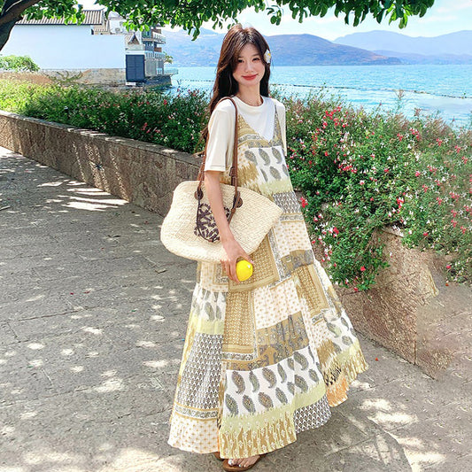 2点セット！【セットアップ】優しげリゾート風 夏新作 Tシャツ＋花柄 ノースリーブワンピースセット【SHシリーズ】