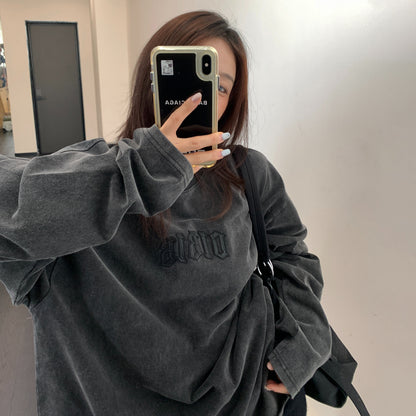 【トップス】ヴィンテージ刺繍ウォッシュロンT レディース オーバーサイズ リラックス 秋コーデ 長袖Tシャツ【FCシリーズ】