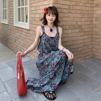 【ボトムス】夏新作 アートな雰囲気漂う Vネック 清涼感たっぷり ブルーフラワー柄サロペット オールインワン【SHシリーズ】