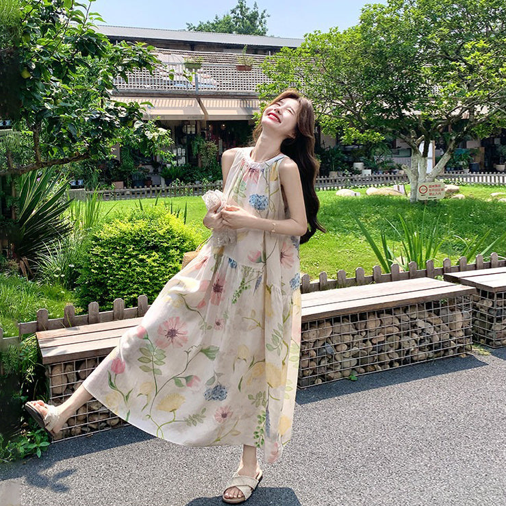 【ワンピース】フレンチレトロ花柄ホルターネックワンピース レディース リゾート風 ロング丈 プリント 夏ワンピース【SHシリーズ】