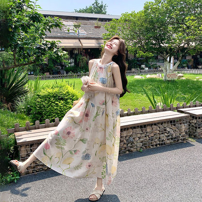 【ワンピース】フレンチレトロ花柄ホルターネックワンピース レディース リゾート風 ロング丈 プリント 夏ワンピース【SHシリーズ】