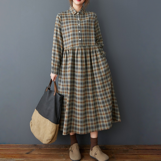 【ワンピース】春 秋 冬 新作 ゆったり レトロ 起毛 チェック柄 ミディ丈 ワンピース 【SHシリーズ】