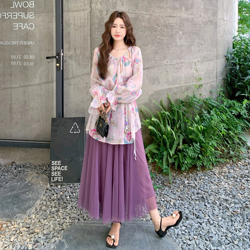 2点セット！【セットアップ】花柄 UVカットシースルーカーディガン＋チュールスカート 上下セット 春秋 フレンチロマンティック 超映え【SHシリーズ】