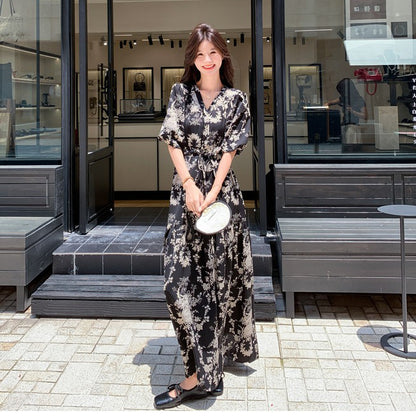 【ワンピース】フレンチ風 花柄 半袖ワンピース レディース 夏 パフスリーブ ティードレス ロング丈【SHシリーズ】