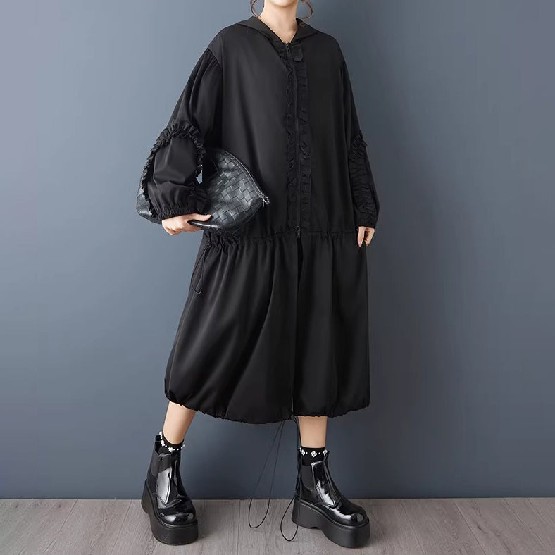 【アウター】春秋新作 フード付き 長袖 トレンチコート ゆったり 大きいサイズ 無地 ロング丈【AHシリーズ】