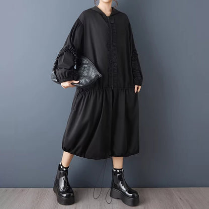 【アウター】春秋新作 フード付き 長袖 トレンチコート ゆったり 大きいサイズ 無地 ロング丈【AHシリーズ】